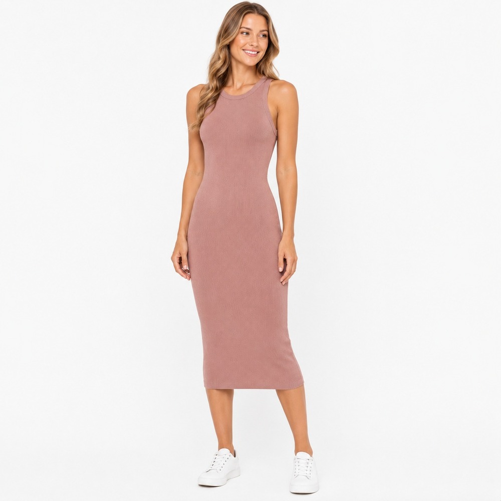 Prana‎ Ribbed Tencel Modal Sleeveless Midi Tank Dress Mauve Pink LARGE